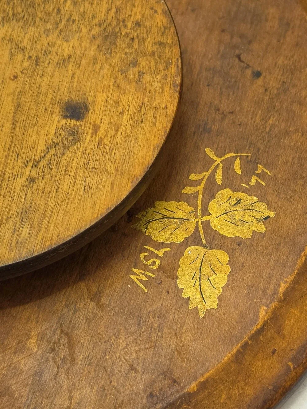 Vintage Signed Folk Art Wooden Lazy Susan Turntable Hand Painted Wreath